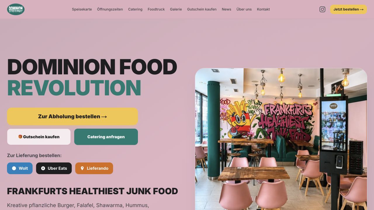Website von Dominion Food Revolution mit Restaurantangeboten und eigenen Anfragewegen