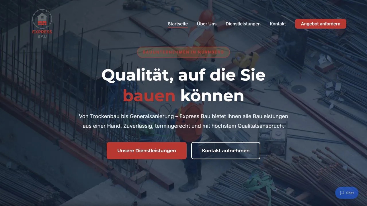 Website von Express Bau mit klar gegliederten Bau- und Sanierungsleistungen